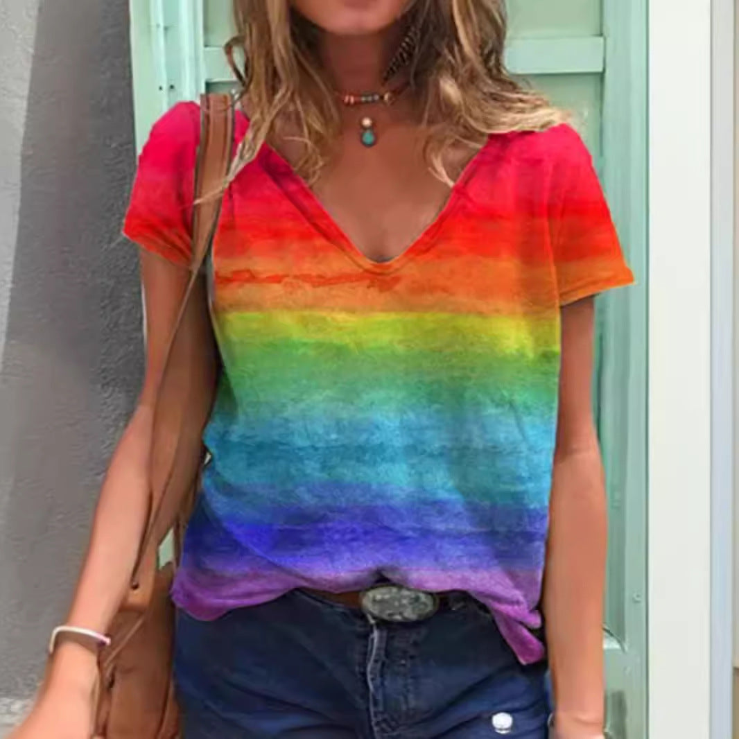 Casual V-neck rainbow print short-sleeved women's T-shirt