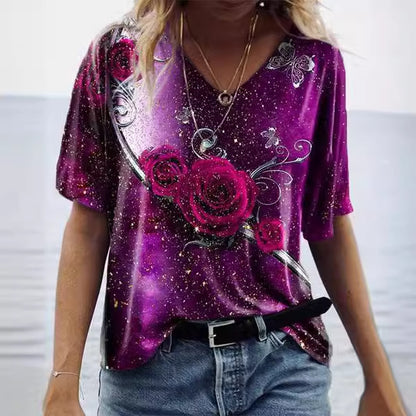 Casual V-neck rainbow print short-sleeved women's T-shirt