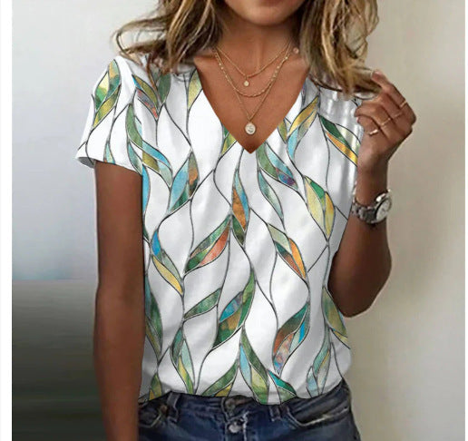 Casual V-neck rainbow print short-sleeved women's T-shirt