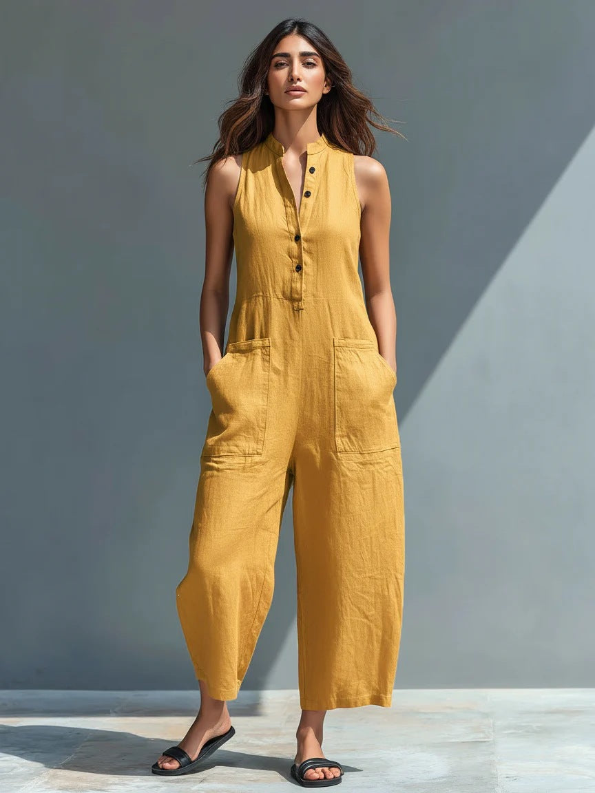 Casual Womens Linen Blend Sleeveless Jumpsuit