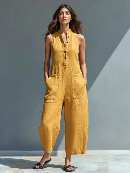 Casual Womens Linen Blend Sleeveless Jumpsuit