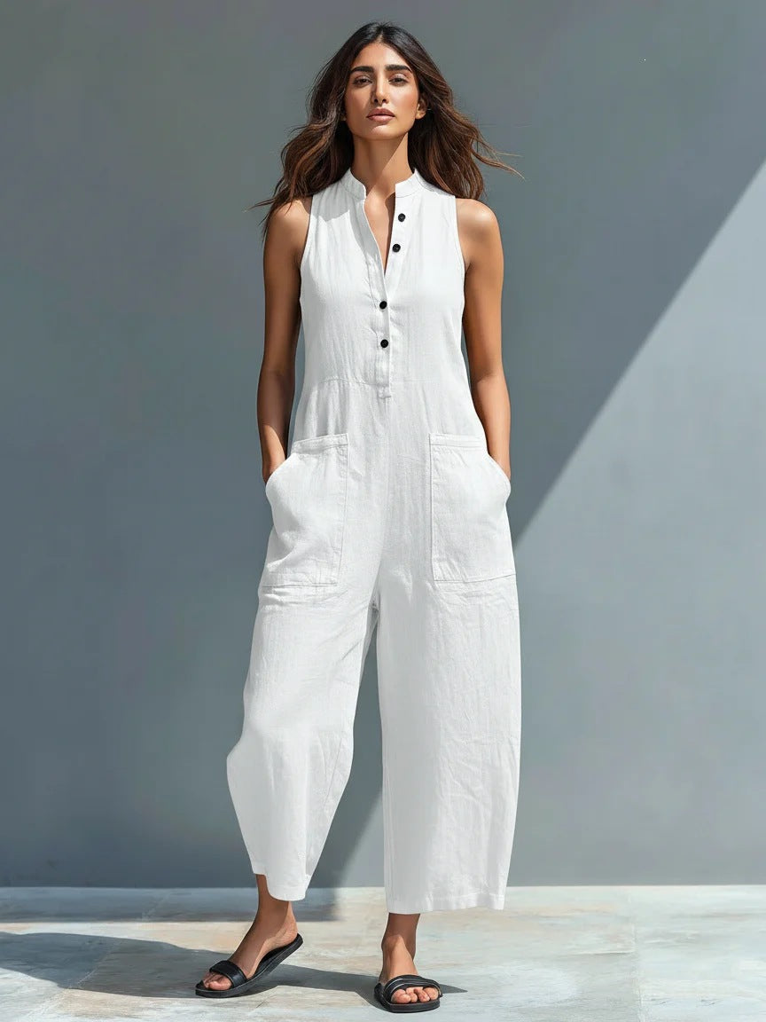Casual Womens Linen Blend Sleeveless Jumpsuit