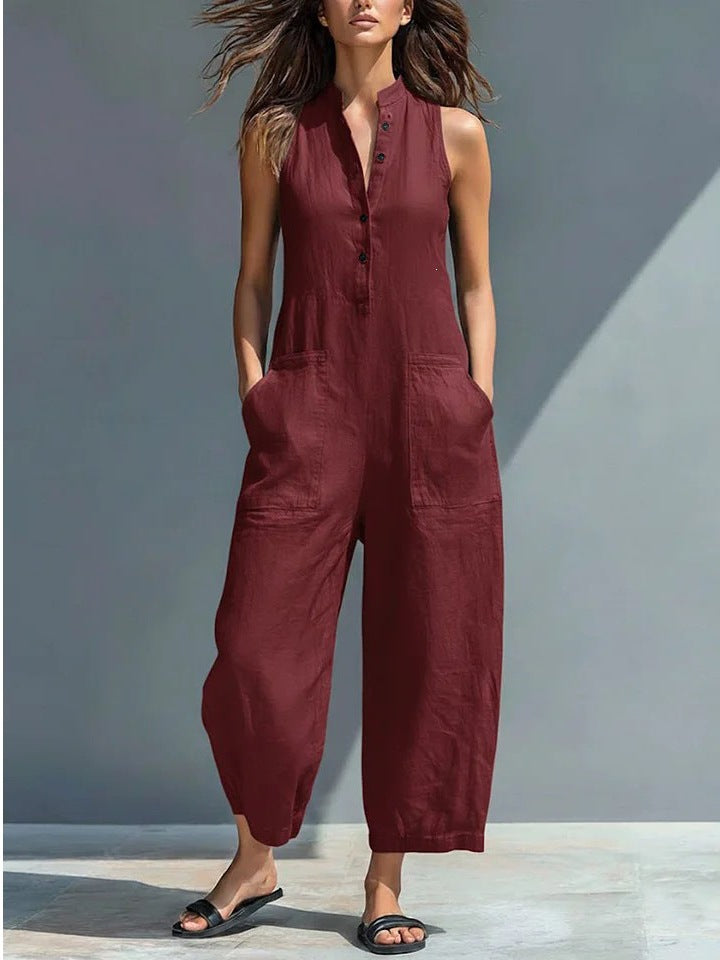 Casual Womens Linen Blend Sleeveless Jumpsuit