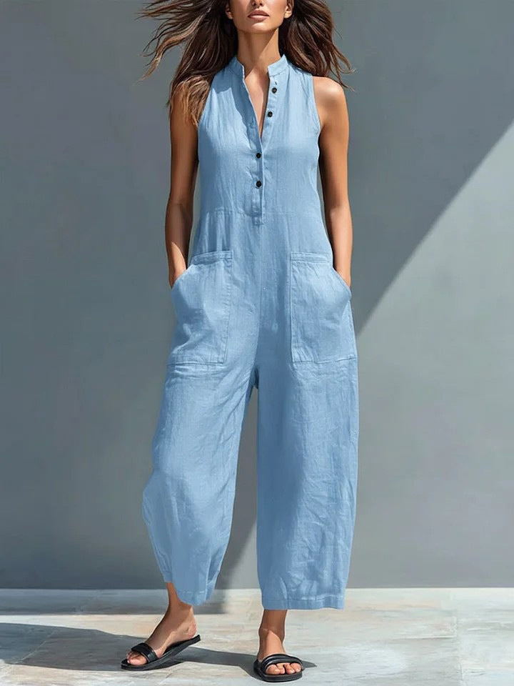 Casual Womens Linen Blend Sleeveless Jumpsuit