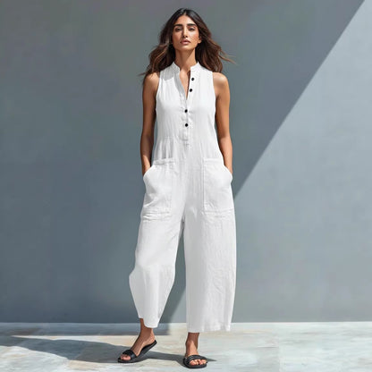 Casual Womens Linen Blend Sleeveless Jumpsuit