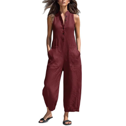Casual Womens Linen Blend Sleeveless Jumpsuit