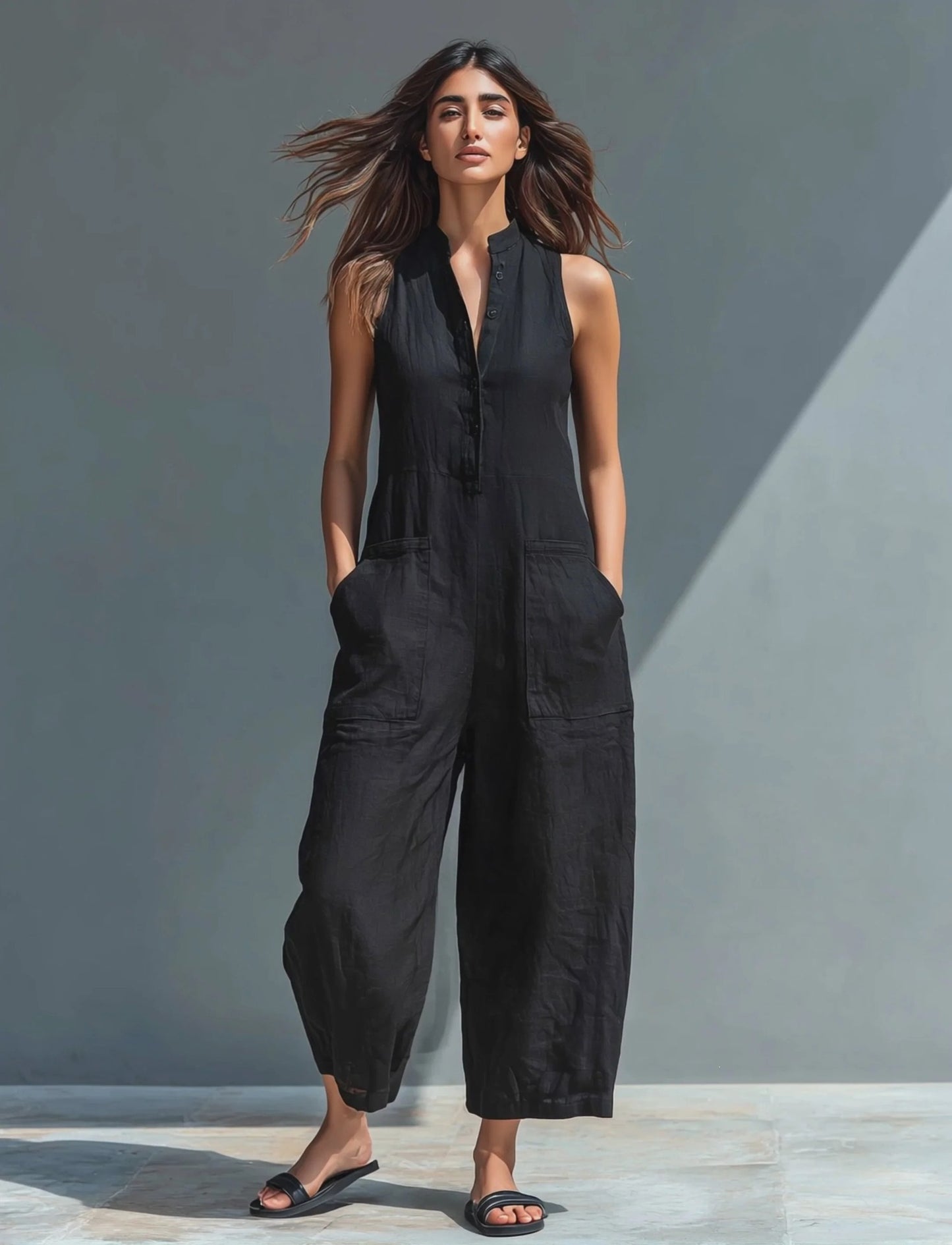 Casual Womens Linen Blend Sleeveless Jumpsuit
