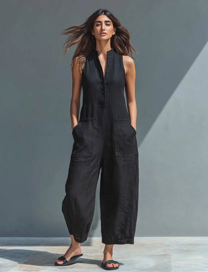 Casual Womens Linen Blend Sleeveless Jumpsuit