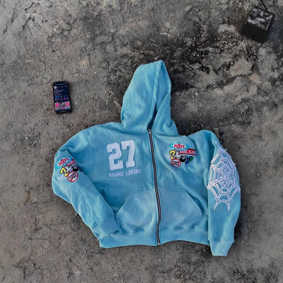 Casual Zipper Front Letter Embroidered Hoodie
