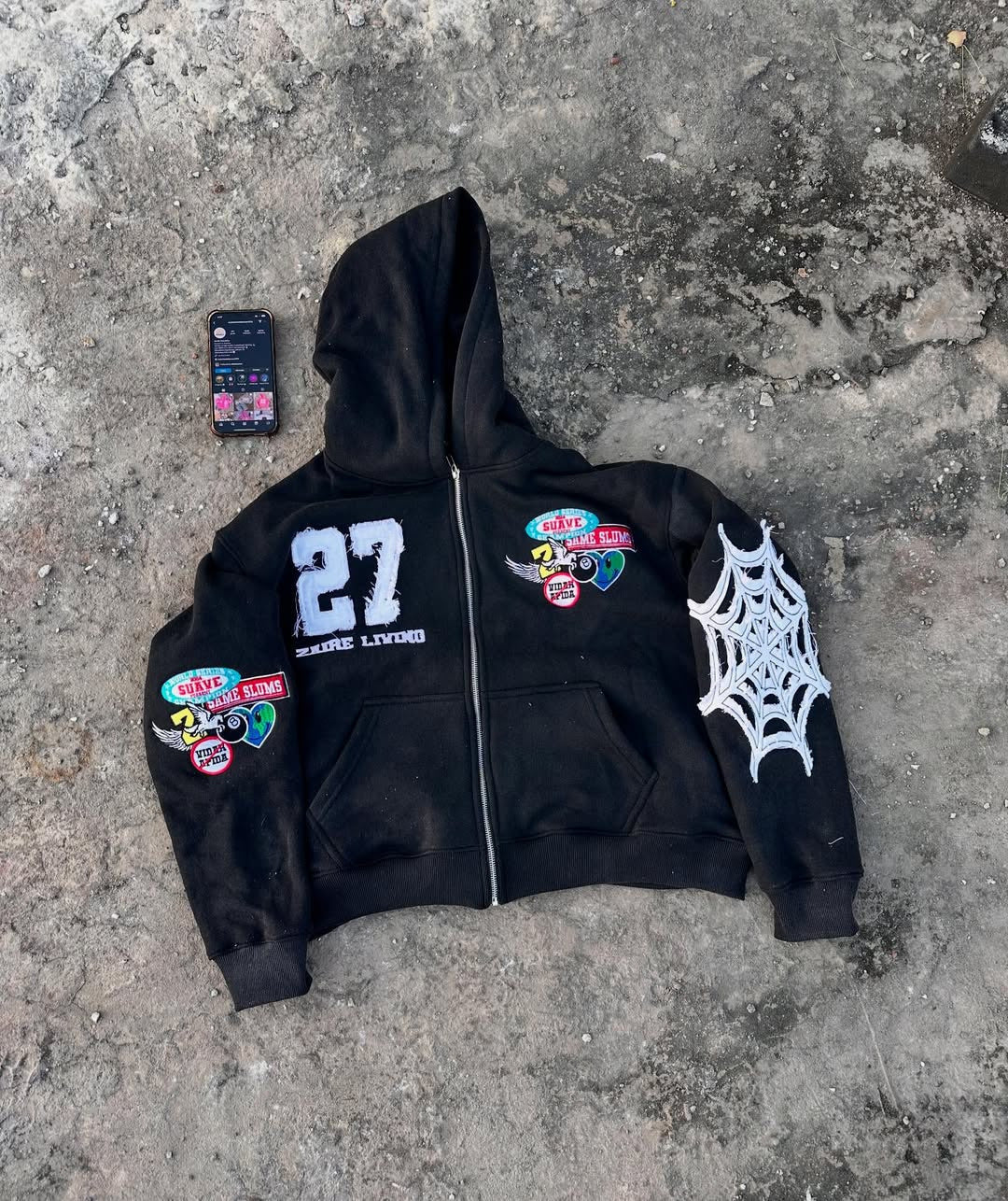Casual Zipper Front Letter Embroidered Hoodie