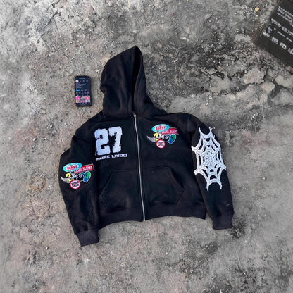 Casual Zipper Front Letter Embroidered Hoodie