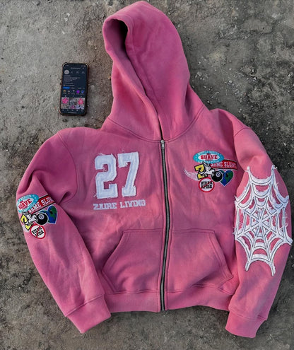 Casual Zipper Front Letter Embroidered Hoodie