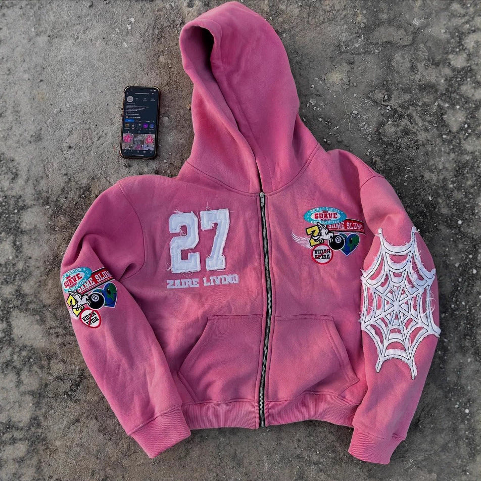 Casual Zipper Front Letter Embroidered Hoodie