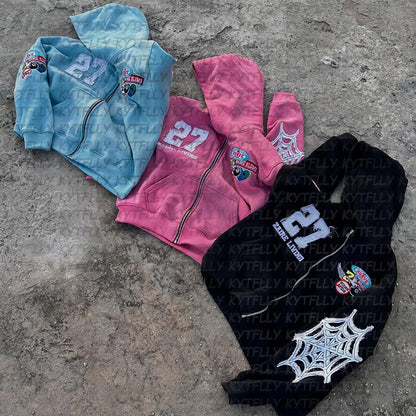 Casual Zipper Front Letter Embroidered Hoodie