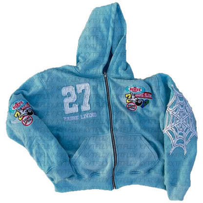 Casual Zipper Front Letter Embroidered Hoodie