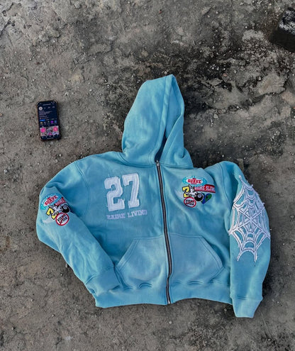 Casual Zipper Front Letter Embroidered Hoodie