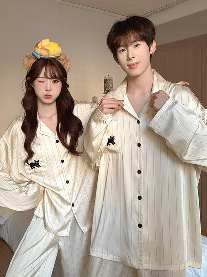 Cat Print Couple Pajama Set Ice Silk Loungewear
