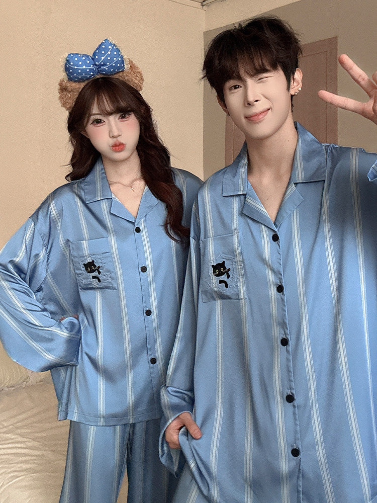 Cat Print Couple Pajama Set Ice Silk Loungewear