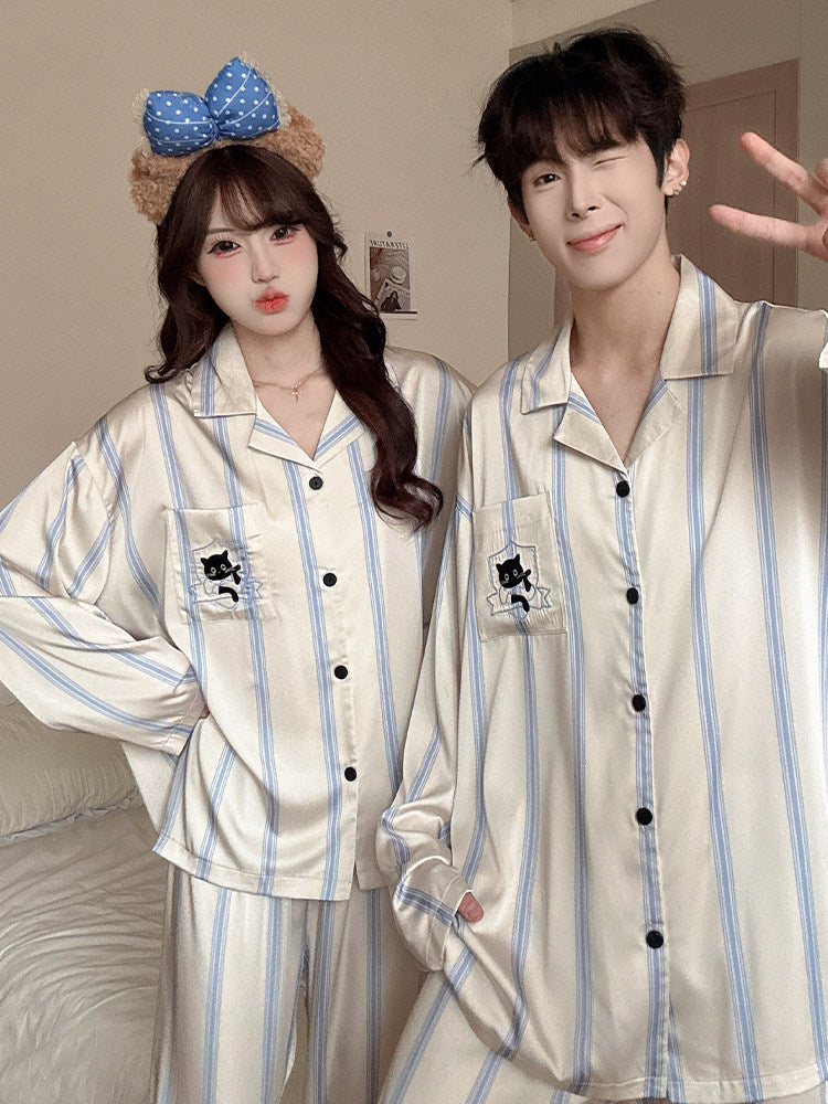 Cat Print Couple Pajama Set Ice Silk Loungewear