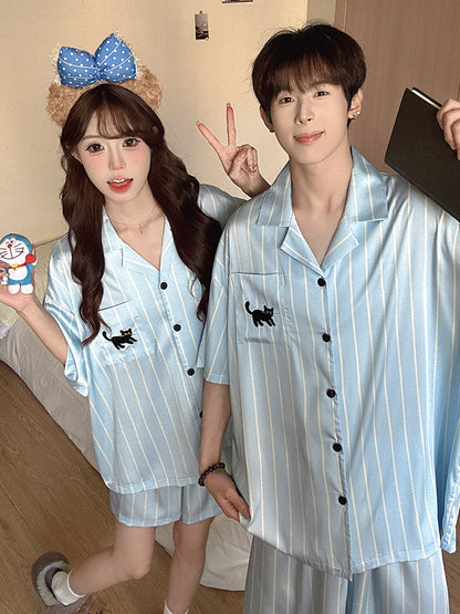 Cat Print Couple Pajama Set Ice Silk Loungewear