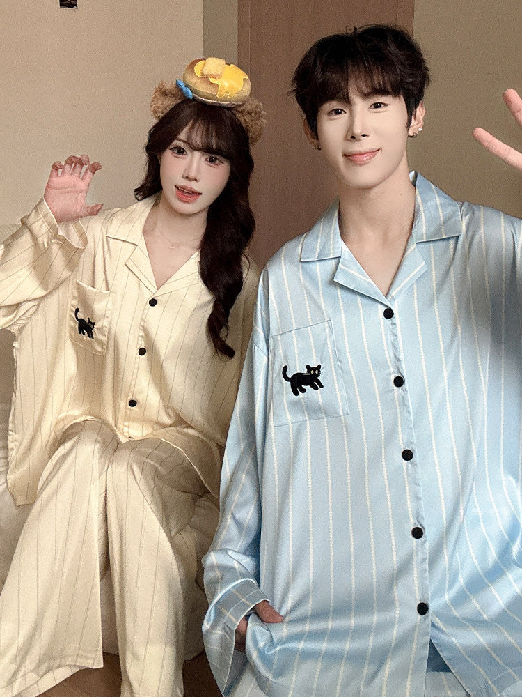 Cat Print Couple Pajama Set Ice Silk Loungewear