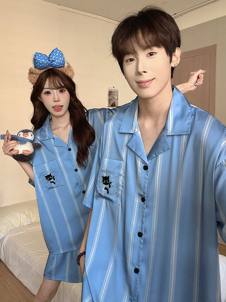 Cat Print Couple Pajama Set Ice Silk Loungewear