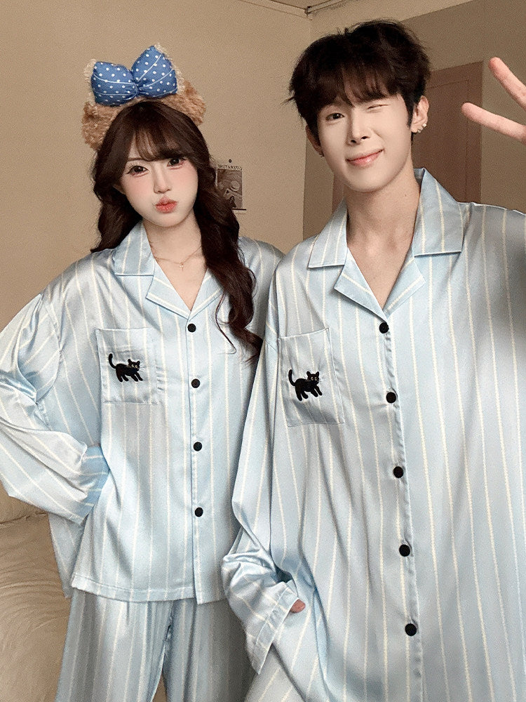 Cat Print Couple Pajama Set Ice Silk Loungewear
