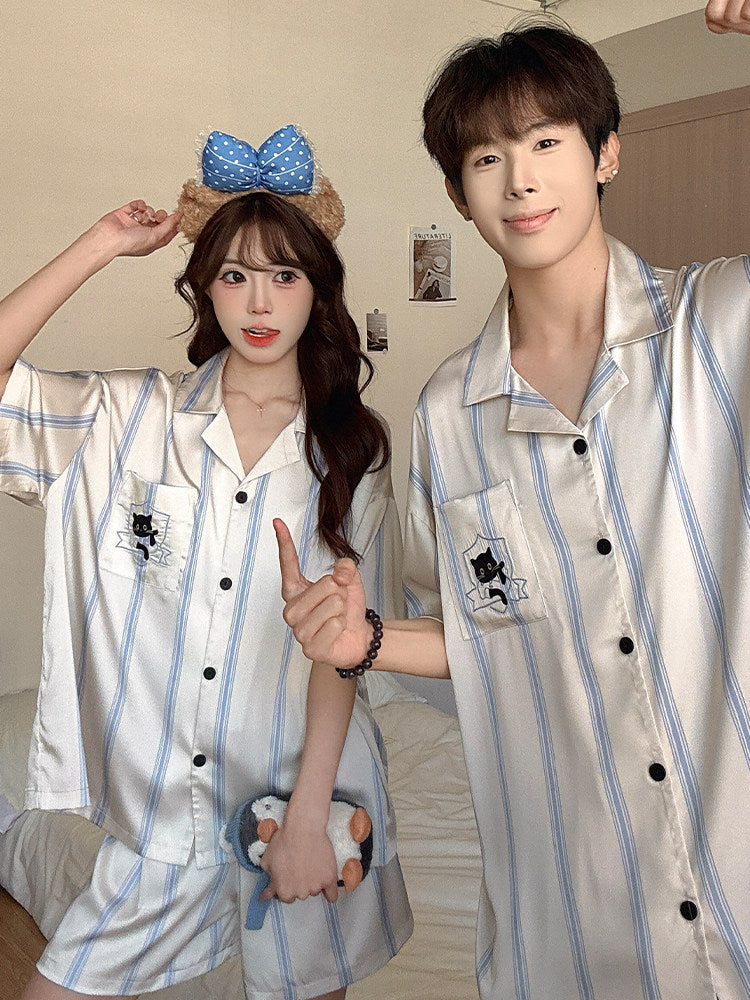 Cat Print Couple Pajama Set Ice Silk Loungewear