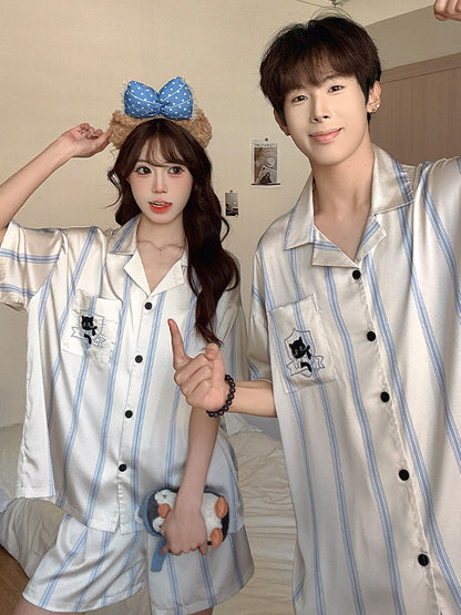 Cat Print Couple Pajama Set Ice Silk Loungewear
