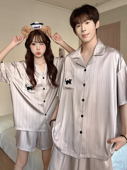 Cat Print Couple Pajama Set Ice Silk Loungewear