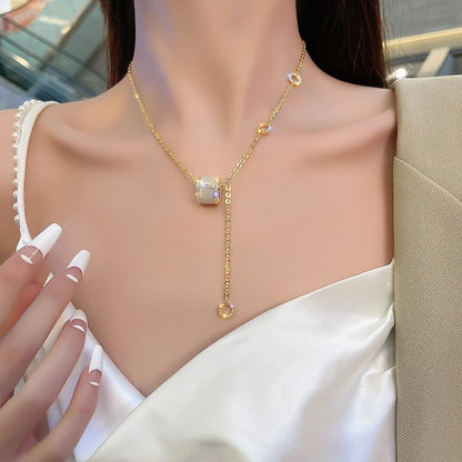 Cat's Eye Stone Tassel Titanium Steel Necklace