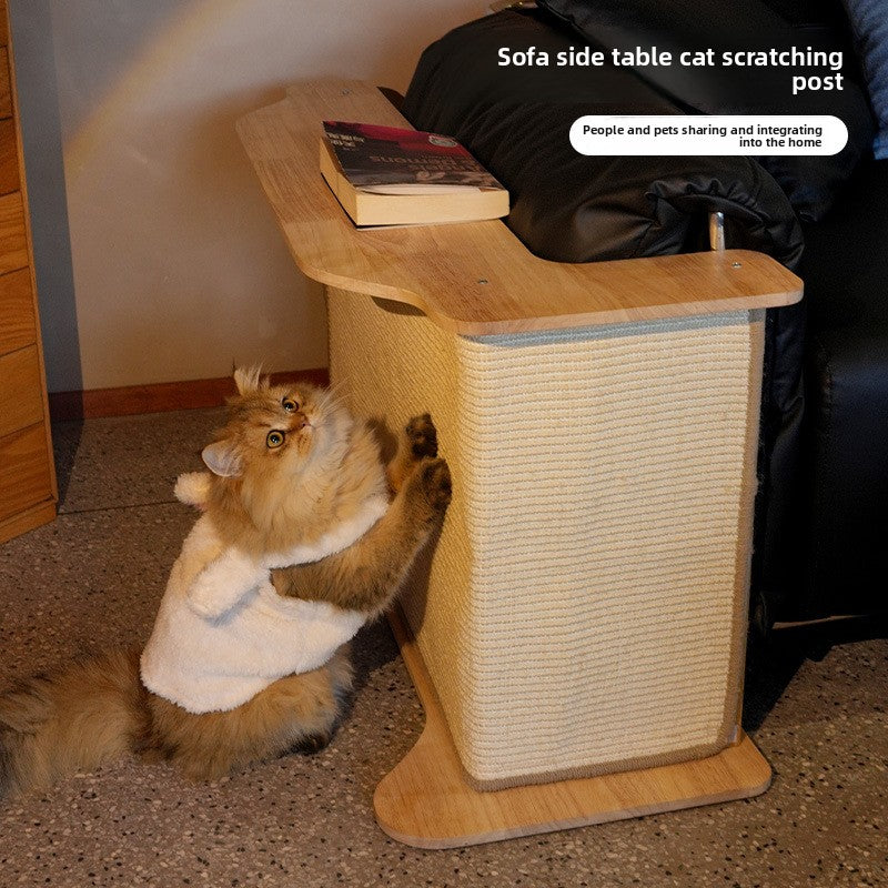 Cat scratching post beside the sofa