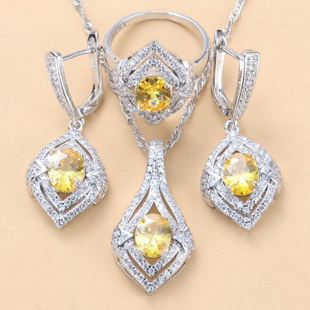 Gem-inlaid Pendant Earrings Necklace Ring Set – Perfect for Ladies