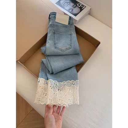 Fashionable Retro Lace Straight-Leg Denim Jeans for Women