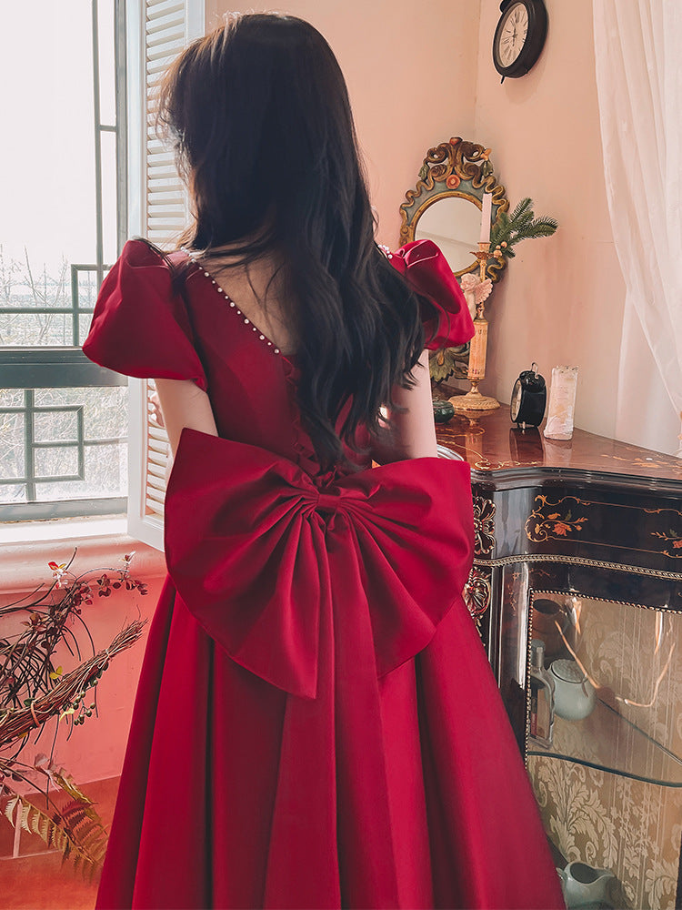 Winter Wine Red Engagement Satin Dress  French Princess Style