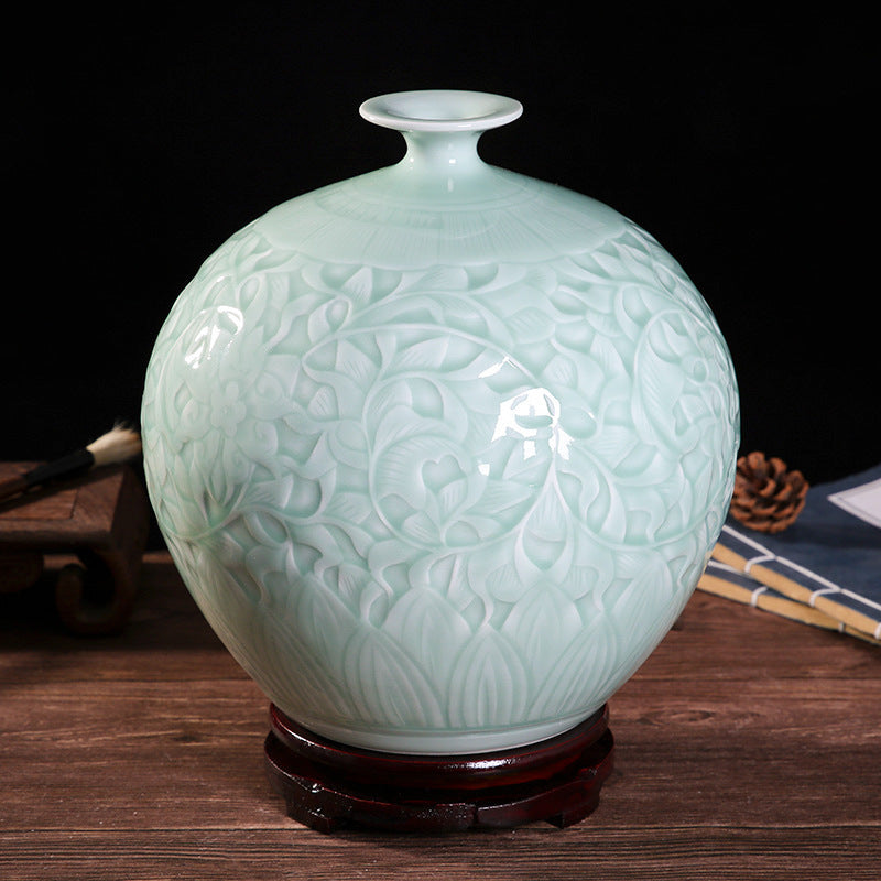 Celadon Relief Pomegranate Vase with Sky-Blue Glaze