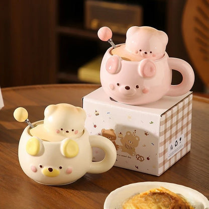 Ceramic Bear Mug with Lid and Spoon Set