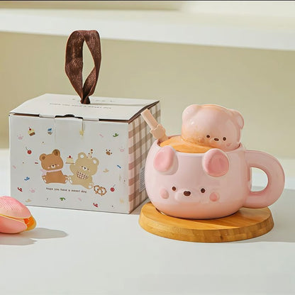 Ceramic Bear Mug with Lid and Spoon Set