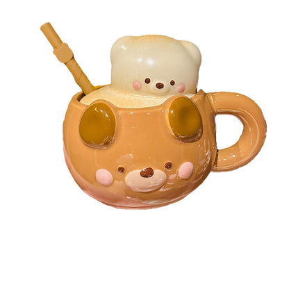 Ceramic Bear Mug with Lid and Spoon Set