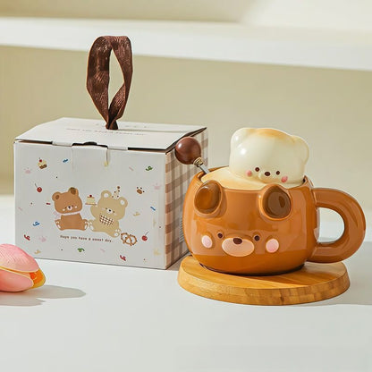 Ceramic Bear Mug with Lid and Spoon Set