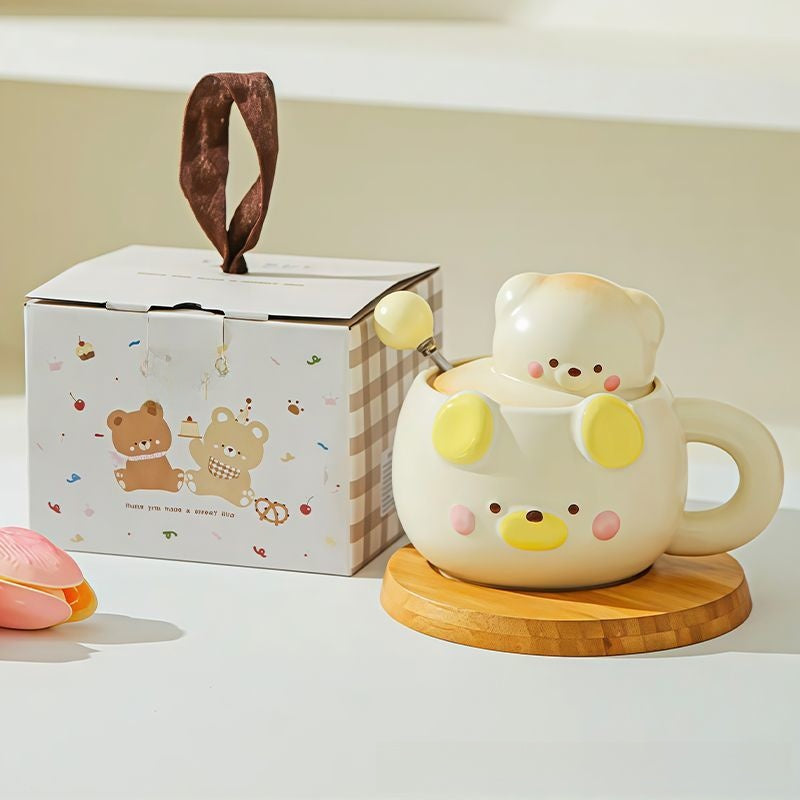 Ceramic Bear Mug with Lid and Spoon Set