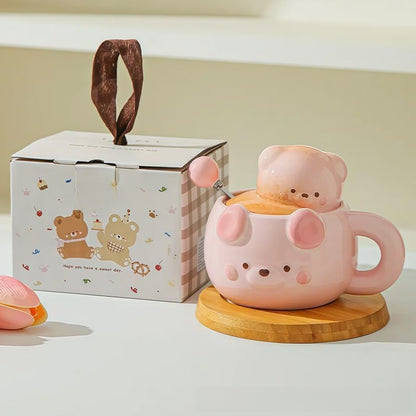 Ceramic Bear Mug with Lid and Spoon Set