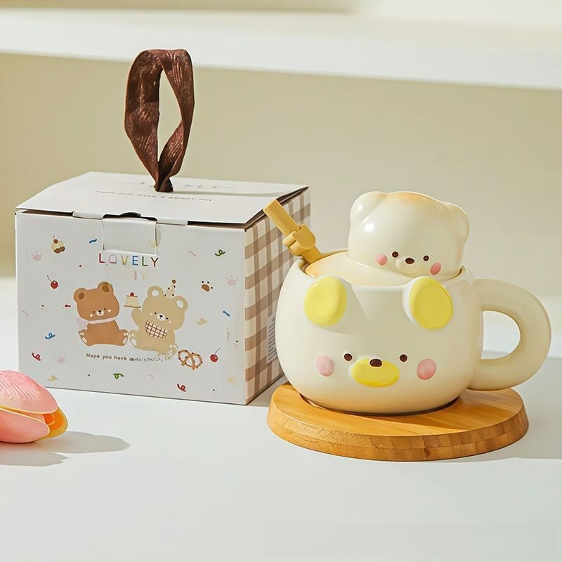 Ceramic Bear Mug with Lid and Spoon Set