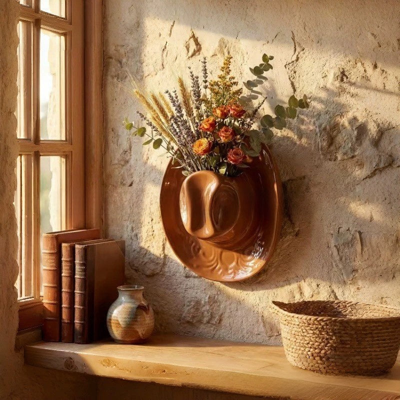 Ceramic Cowgirl Hat Hanging Flower Vase