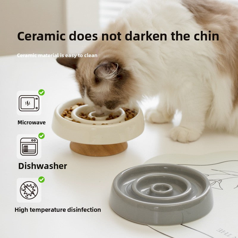 Ceramic Slow Feed Pet Bowl with Wooden Base