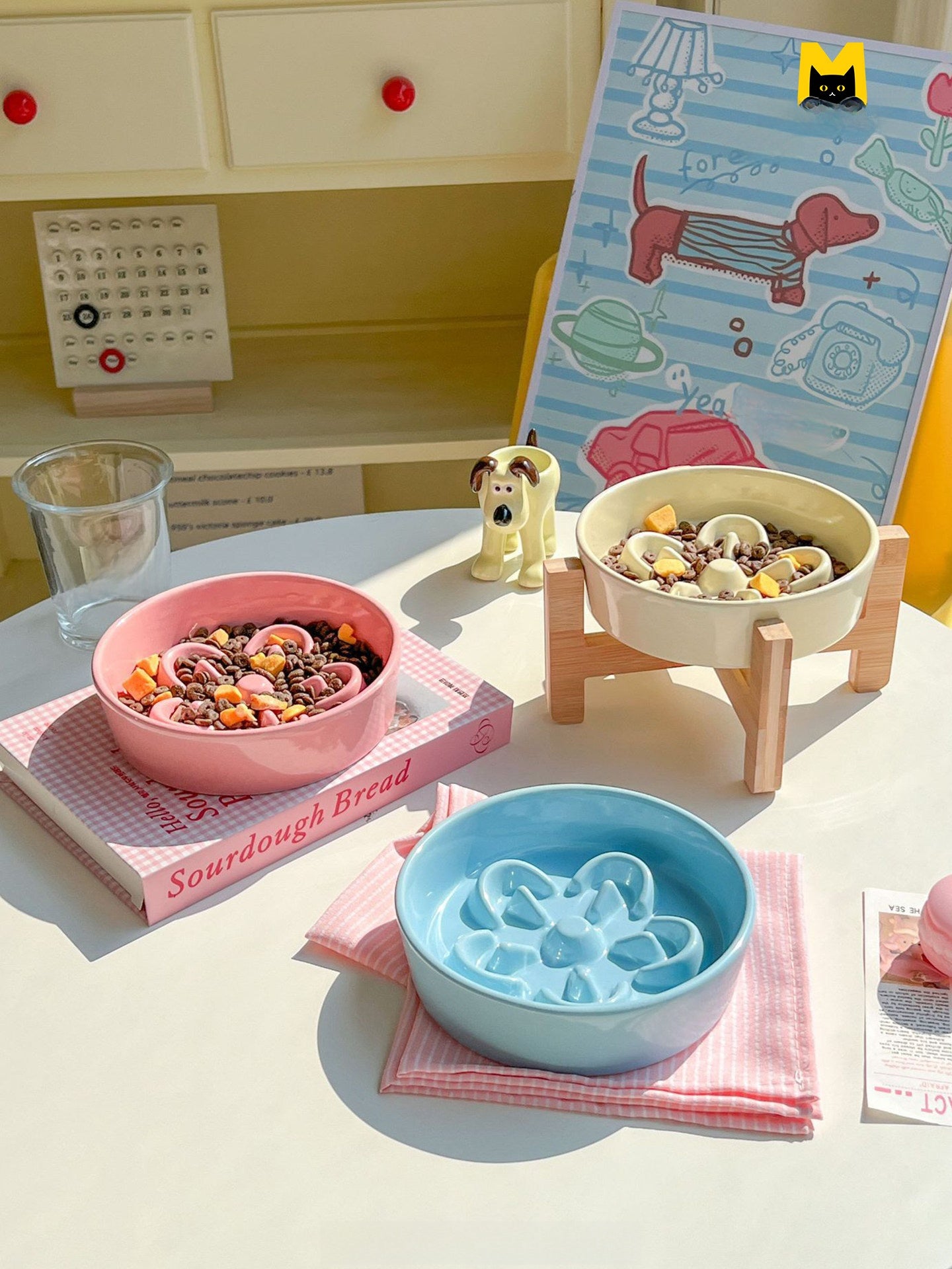 Ceramic Slow Feeder Pet Bowl with Elevated Stand