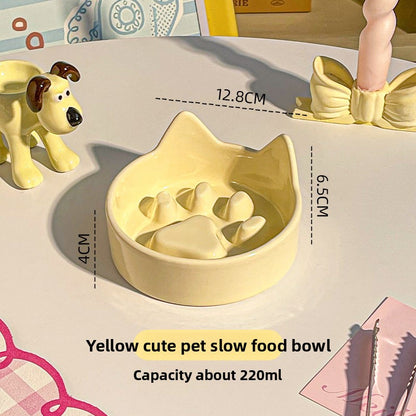 Ceramic Slow Feeder Pet Bowl with Wooden Stand