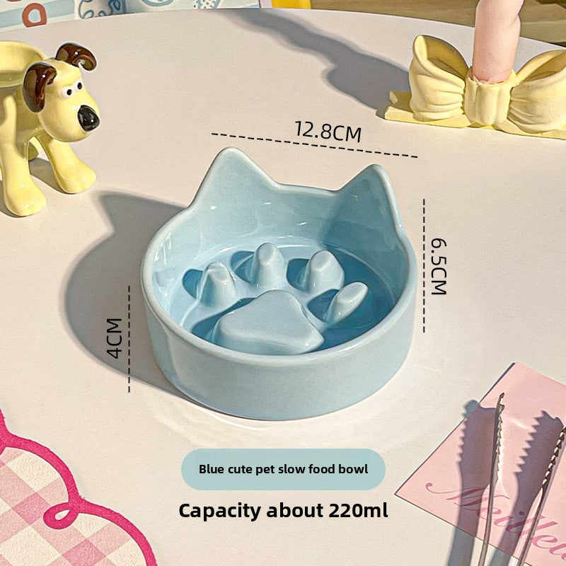 Ceramic Slow Feeder Pet Bowl with Wooden Stand