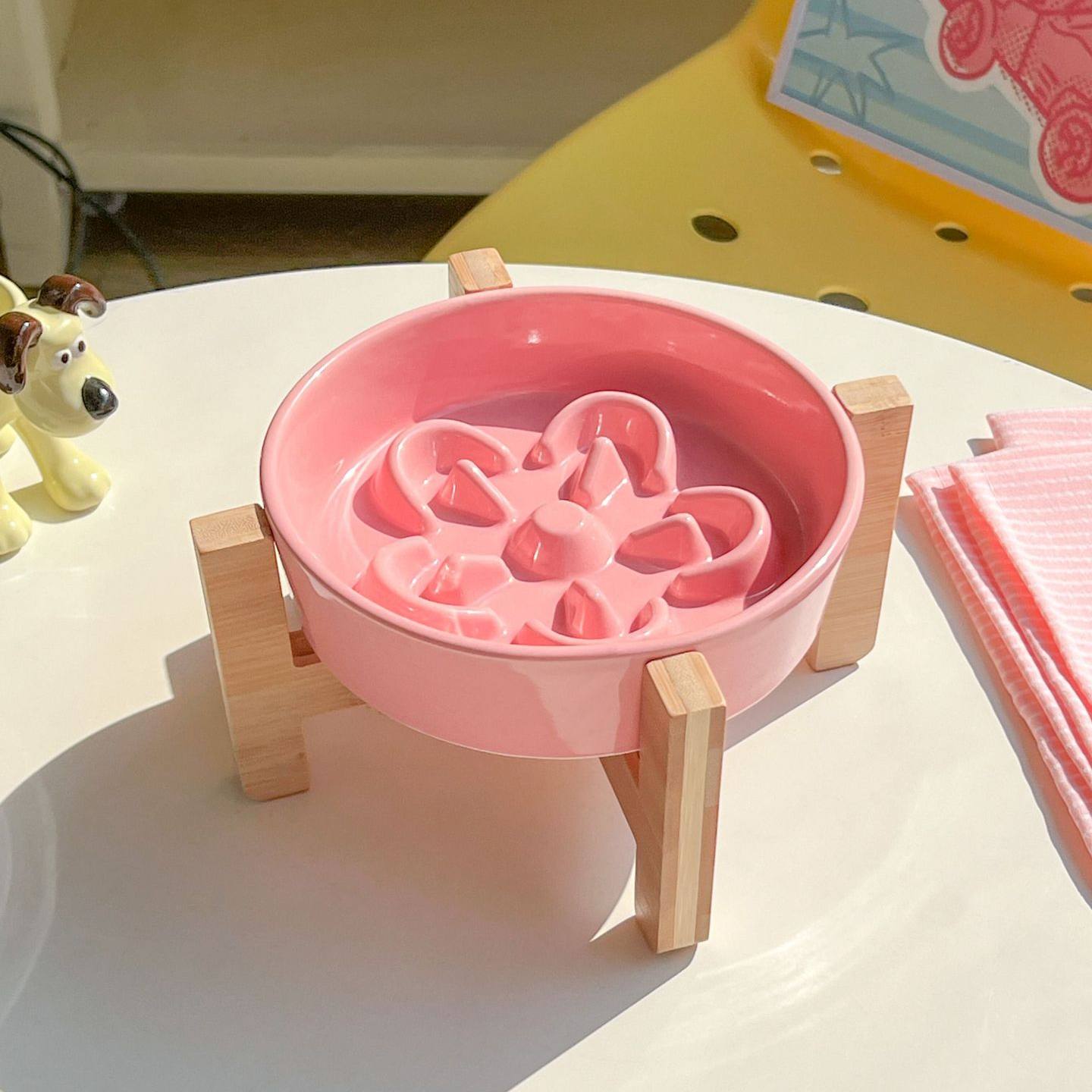 Ceramic Slow Feeder Pet Bowl with Wooden Stand