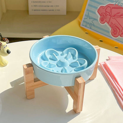 Ceramic Slow Feeder Pet Bowl with Wooden Stand